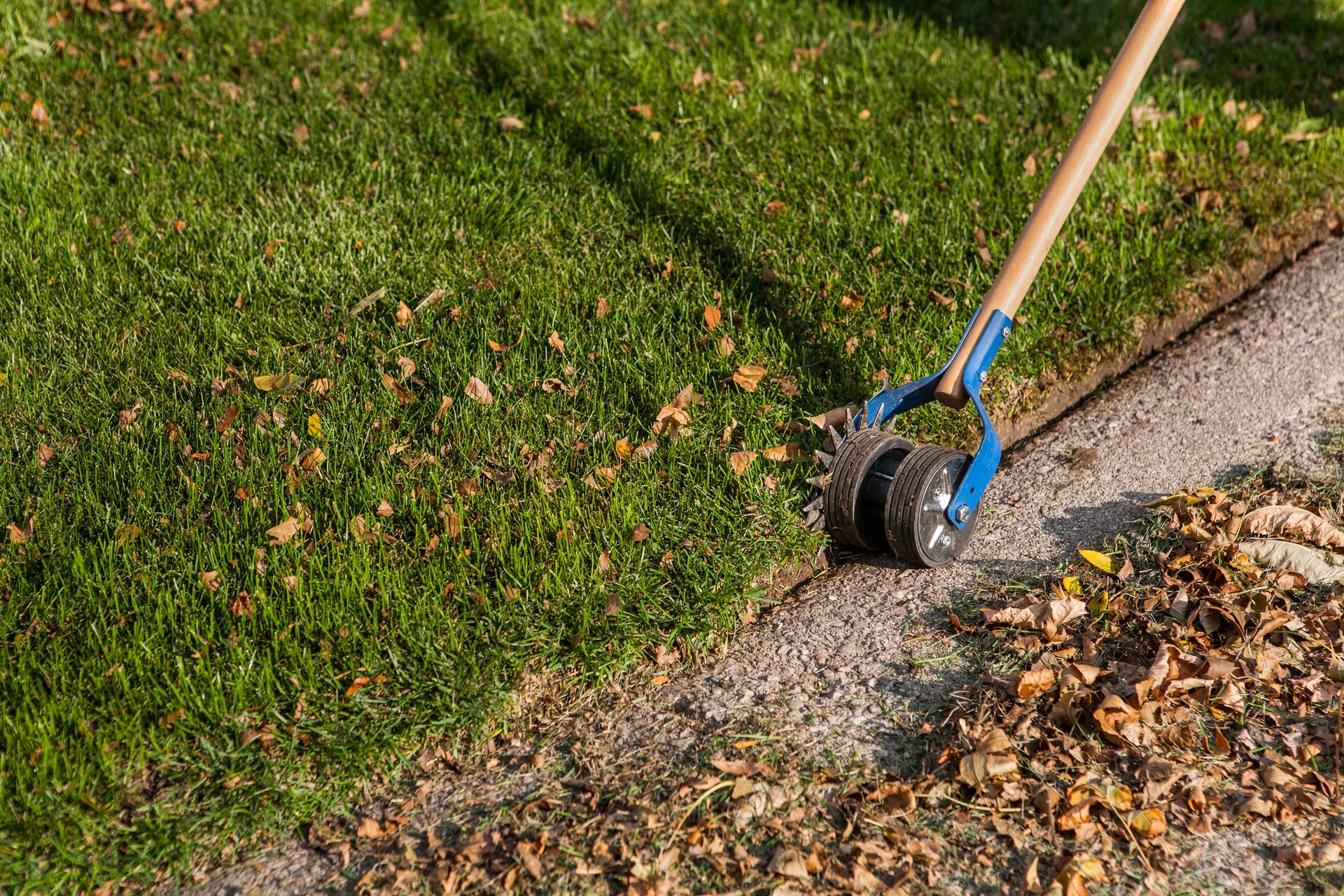 Edging the lawn with hand tool